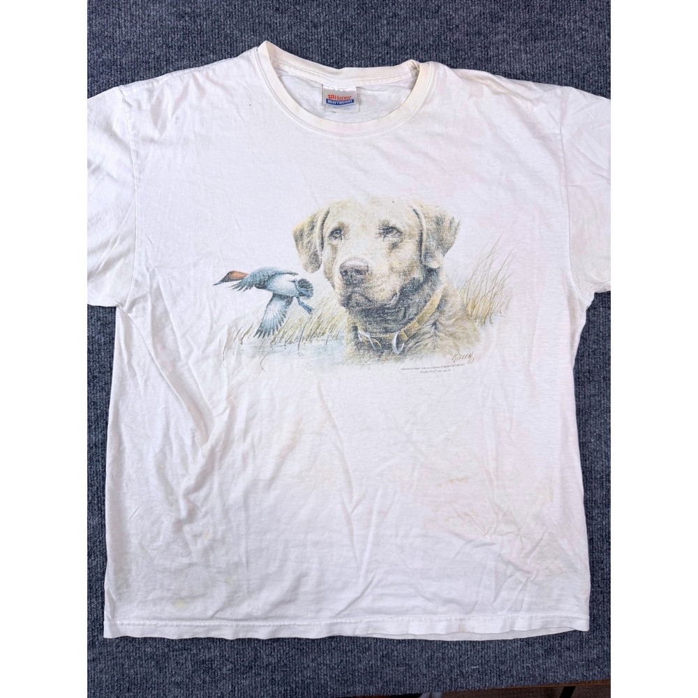 Vintage Hanes T Shirt XL White Yellow Lab Duck Hunting Graphic James Killen 90s